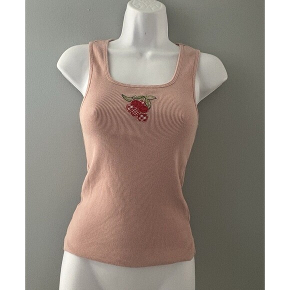 Maeve by Anthropologie Tank Top Size XXS Pink Ribbed Cherries Stretch Fairy Y2K - Picture 1 of 12